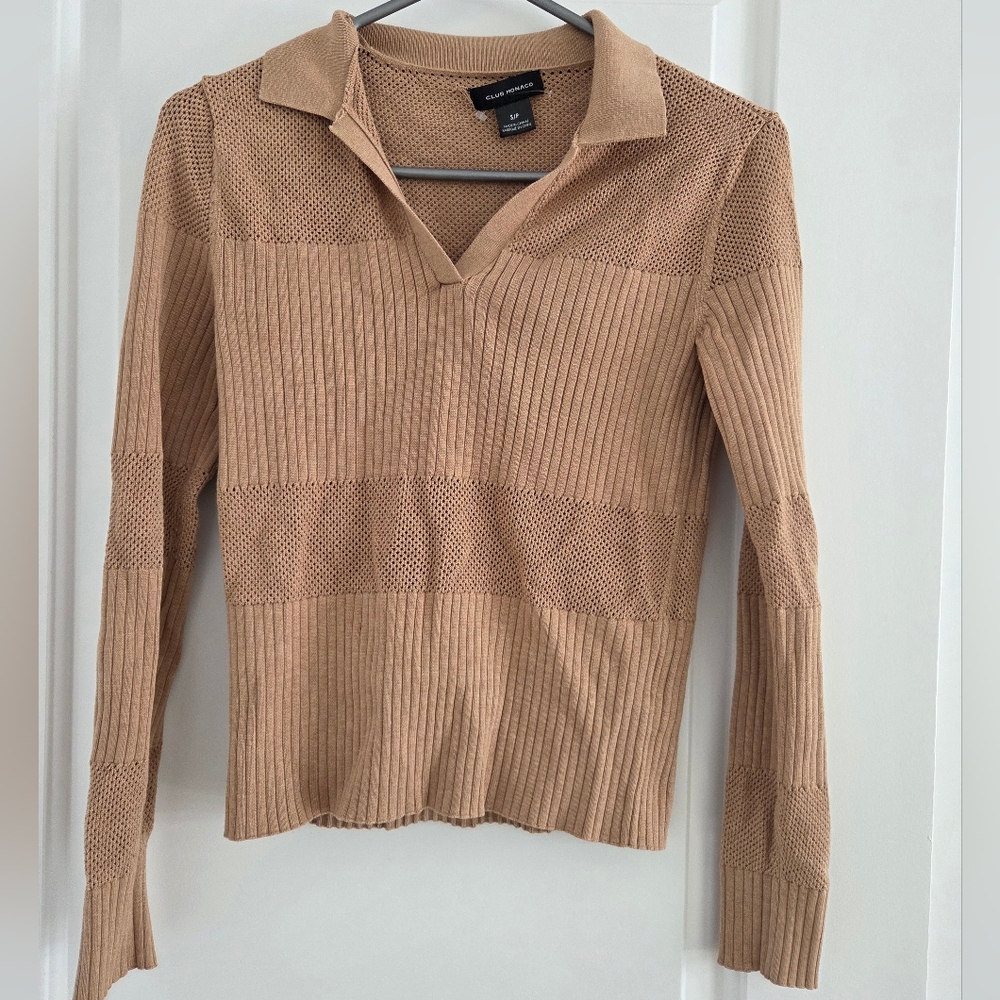 Womens Club Monaco Tan Ribbed Long Sleeve Sweater - Size Small